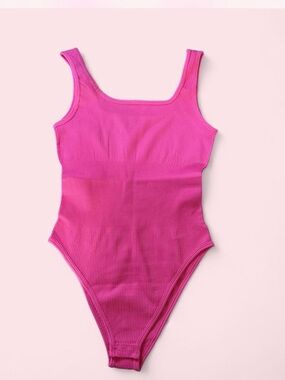 Ribbed Square Neck Pink Bodysuit